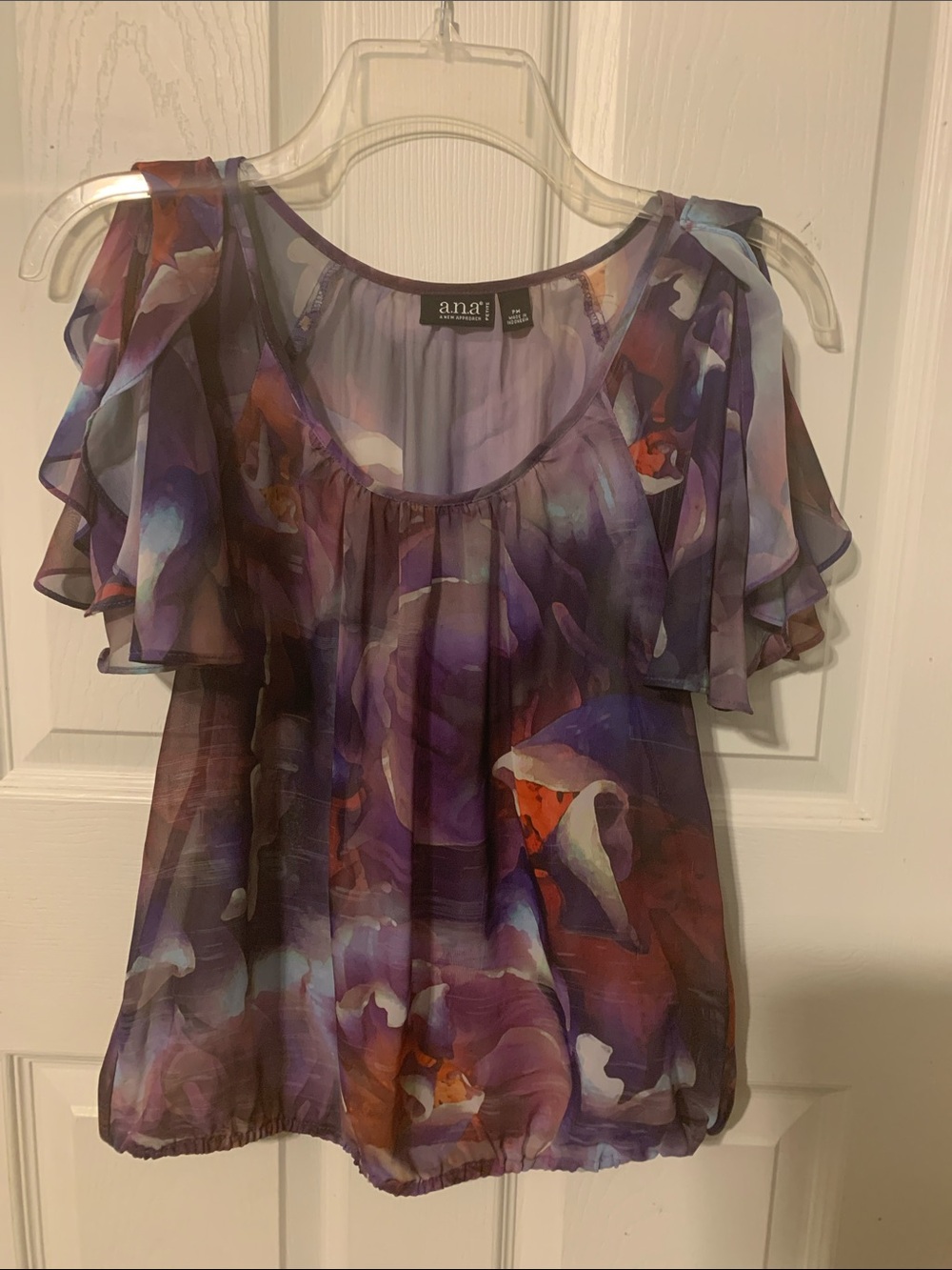 a.n.a petite Purple Floral Cold-Shoulder Ruffle Blouse  -  size MP